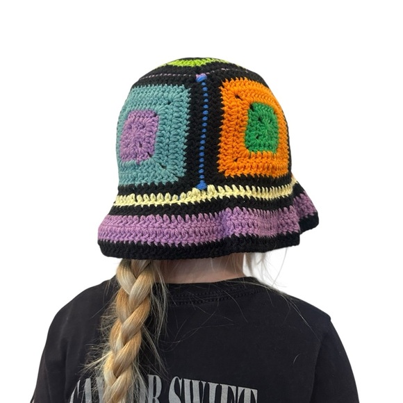 Handmade Accessories - Vintage Granny Square Color Block Retro Hippie Hand Knit Bucket Beanie Hat